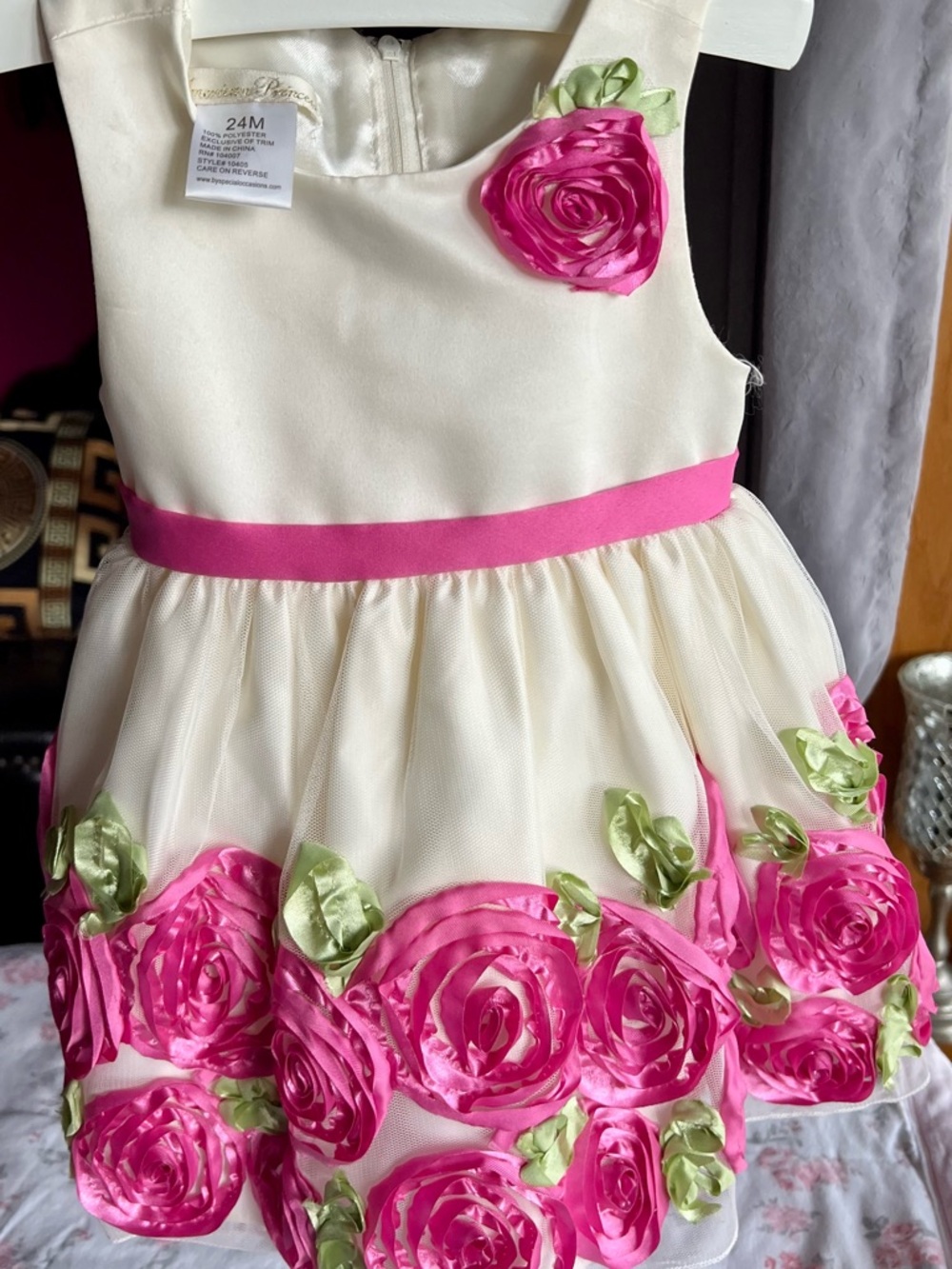 Classic Floral Satin Girls' Dress - Pink & Ivory